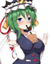 Rule 34 | 1girl, alternate breast size, asymmetrical hair, between breasts, blue eyes, blue vest, blush, breasts, breasts squeezed together, bubble tea, bubble tea challenge, buttons, commentary request, cup, curled fingers, drinking, drinking straw, drinking straw in mouth, eyelashes, frilled hat, frills, green hair, guard vent jun, hair between eyes, hat, hat ribbon, highres, juliet sleeves, large breasts, long sleeves, looking at viewer, puffy sleeves, red ribbon, ribbon, ribbon-trimmed sleeves, ribbon-trimmed vest, ribbon trim, shiki eiki, shirt, simple background, solo, sweat, touhou, turtleneck, upper body, vest, white background, white ribbon, white shirt, yellow ribbon