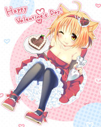 Rule 34 | 1girl, ;p, ahoge, animal ears, artist name, bare shoulders, black pantyhose, breasts, cake, candy, cat ears, chocolate, chocolate heart, cleavage, detached sleeves, english text, food, frills, from above, hairband, happy valentine, heart, heart-shaped food, highres, jewelry, large breasts, matching hair/eyes, multicolored nails, nail polish, necklace, one eye closed, orange eyes, orange hair, original, pantyhose, pastry bag, pearl necklace, short hair, solo, tongue, tongue out, umecchi, valentine