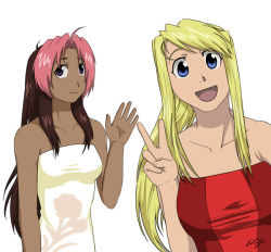 Rule 34 | 2girls, :d, ahoge, alternate costume, arm at side, artist request, bare arms, bare shoulders, blonde hair, blue eyes, breasts, brown hair, c:, closed mouth, collarbone, dark-skinned female, dark skin, dress, female focus, floral print, formal, fullmetal alchemist, hand up, happy, long hair, looking at viewer, medium breasts, multicolored hair, multiple girls, neck, open mouth, parted bangs, pink hair, ponytail, purple eyes, red dress, rose thomas, rose tomas, sidelocks, simple background, smile, strapless, strapless dress, swept bangs, two-tone hair, upper body, v, waving, white background, white dress, winry rockbell