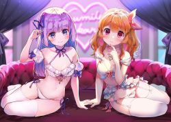 Rule 34 | 2girls, :&gt;, aikatsu!, aikatsu! (series), arm support, bad id, bad twitter id, bare arms, bare shoulders, blue ribbon, blunt bangs, blunt ends, blurry, blurry background, blush, bow, bow bra, bow panties, bra, braid, breasts, collaboration, collarbone, commentary, couch, cross, crown braid, curtains, depth of field, detached sleeves, embarrassed, frilled bra, frilled garter belt, frills, full body, garter belt, garter straps, geshumaro, gold trim, groin, hair between eyes, hair bow, hair over shoulder, hair ribbon, heart, heart necklace, hikami sumire, holding hands, interlocked fingers, jewelry, lingerie, looking at viewer, lowleg, lowleg panties, makiaato, medium breasts, midriff, multiple girls, multiple hair bows, navel, neck ribbon, necklace, neon lights, nervous, nervous smile, off shoulder, ozora akari, orange hair, panties, parted lips, pearl necklace, pink eyes, pink lips, purple bow, purple eyes, purple hair, purple ribbon, raised eyebrows, red bow, ribbon, ribbon panties, see-through, see-through sleeves, side-tie panties, sitting, small breasts, smile, stomach, string panties, thighhighs, underwear, underwear only, white bow, white bra, white garter belt, white panties, white thighhighs, window, yokozuwari