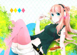 Rule 34 | 1girl, bad id, bad pixiv id, bare shoulders, belt, blue eyes, cable, food, fork, headphones, ichinose (sorario), long hair, looking at viewer, lying, megurine luka, midriff, navel, on back, pancake, pink hair, pink thighhighs, plate, shirt, shorts, sleeveless, solo, thighhighs, vocaloid, zettai ryouiki