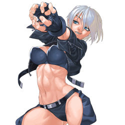 Rule 34 | 1girl, abs, angel (kof), belt, blue eyes, bra, breasts, chaps, cropped jacket, cropped legs, fingerless gloves, gloves, grin, impossible clothes, jacket, large breasts, leather, leather jacket, midriff, navel, open clothes, open jacket, panties, short hair, silver hair, smile, snk, solo, strapless, strapless bra, takoyaki neko-san, the king of fighters, the king of fighters xi, toned, underwear, zipper