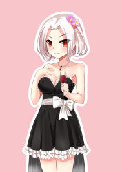 Rule 34 | 1girl, absurdres, alcohol, bare shoulders, black dress, blush, bow, breasts, cleavage, collarbone, cup, dress, drinking glass, flower, frilled dress, frills, hair flower, hair ornament, hand on own chest, highres, jewelry, looking at viewer, medium breasts, necklace, pink background, red eyes, sash, short dress, short hair, solo, vittorio veneto (warship girls r), warship girls r, white hair, wine, wine glass, xiao bing qiaokeli