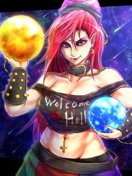 Rule 34 | 1girl, bare shoulders, breasts, chain, cleavage, clothes writing, collar, collarbone, crop top, cross, dress, earrings, earth (planet), female focus, gauntlets, hat, hecatia lapislazuli, inverted cross, jewelry, large breasts, long hair, looking at viewer, midriff, moon, multicolored clothes, multicolored skirt, navel, navel piercing, off shoulder, piercing, planet, pointy ears, red dress, red eyes, ryuuichi (f dragon), shirt, skirt, sky, smirk, solo, star (sky), starry sky, touhou, very long hair