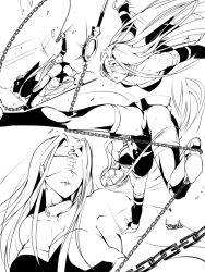 1girl blindfold bowalia facial_mark fate_(series) forehead_mark greyscale hair_intakes long_hair medusa_(fate) medusa_(rider)_(fate) monochrome solo thighhighs very_long_hair weapon