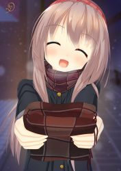 Rule 34 | 1girl, absurdres, black jacket, blush, bow, breath, brown hair, brown scarf, buttons, check commentary, commentary request, eyebrows, closed eyes, fumimaru, hair ornament, hairband, happy, highres, holding, jacket, lips, long hair, long jacket, night, open clothes, outdoors, red hairband, sanoba witch, scarf, shiiba tsumugi, snowing, solo, teeth