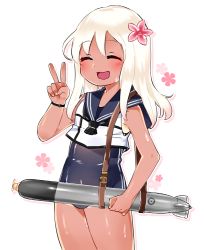 Rule 34 | 10s, 1girl, :3, blonde hair, closed eyes, crop top, flower, geggu, hair flower, hair ornament, kantai collection, long hair, one-piece tan, ro-500 (kancolle), sailor collar, school swimsuit, simple background, solo, swimsuit, swimsuit under clothes, tan, tanline, torpedo, v, white background