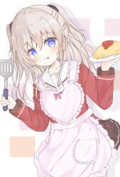 Rule 34 | 1girl, :p, apron, blue eyes, blush, brown skirt, charlotte (anime), closed mouth, commentary request, commission, cowboy shot, dutch angle, eyelashes, eyes visible through hair, food, frilled apron, frills, grey hair, hair between eyes, heart apron, highres, holding, holding tray, hoshinoumi academy school uniform, long hair, long sleeves, looking at viewer, miniskirt, omelet, omurice, pink apron, pleated skirt, red shirt, sailor collar, sakura aki, school uniform, shirt, sidelocks, simple background, skeb commission, skirt, smile, solo, standing, straight-on, tomori nao, tongue, tongue out, tray, two side up, w arms, wavy hair, white sailor collar