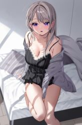 Rule 34 | 1girl, :o, arm at side, averting eyes, bare legs, bare shoulders, barefoot, bed, between legs, black camisole, blurry, blurry background, blush, breasts, camisole, chigusa minori, cleavage, collarbone, day, embarrassed, eyelashes, foot out of frame, grey hair, grey jacket, hair between eyes, hand between legs, indoors, jacket, knees together feet apart, lace trim, large breasts, long hair, long sleeves, looking to the side, off shoulder, on bed, open clothes, open jacket, open mouth, original, pillow, purple eyes, sideways glance, sitting, sleeves past wrists, solo, spaghetti strap, straight hair, striped, striped camisole, sunlight, sweatdrop, swept bangs, vertical stripes