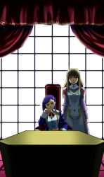Rule 34 | 2girls, arms at sides, backlighting, blue jacket, breasts, brown hair, chair, cleavage, closed mouth, commentary request, cropped vest, crossed bangs, curtains, dress, green eyes, hand up, head rest, head tilt, high collar, jacket, long hair, long sleeves, looking at viewer, meister otome uniform, midriff, multiple girls, mura (kiyohime), my-otome, natsuki kruger, navel, parted bangs, pov across table, purple hair, red eyes, revision, shizuru viola, sidelocks, sitting, smile, standing, taut clothes, taut vest, tsurime, vest, white vest, window