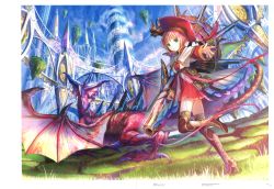 Rule 34 | 1girl, absurdres, boots, brown hair, day, dragon, floating island, fuzichoco, garter straps, green eyes, gun, hat, high heels, highres, holding, holding gun, holding weapon, huge filesize, looking at viewer, original, outdoors, outstretched arm, pleated skirt, red hat, red skirt, short hair, skirt, smile, solo, thigh boots, thighhighs, weapon