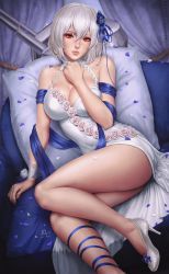 Rule 34 | 1girl, alternate costume, arm support, azur lane, bare shoulders, blue gemstone, blush, breasts, choker, cleavage, collarbone, commentary, dress, english commentary, flower, gem, hair between eyes, hair flower, hair ornament, hand up, high heels, highres, large breasts, looking at viewer, petals, pillow, purple flower, red eyes, ribbon, rose, sash, sciamano240, short hair, sidelocks, signature, sirius (azur lane), sirius (white rose) (azur lane), solo, white dress, white flower, white hair, white rose
