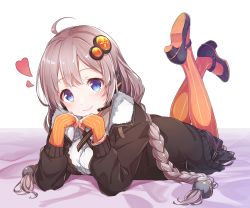 Rule 34 | 1girl, ahoge, bed sheet, black jacket, black skirt, blue eyes, blush, braid, closed mouth, commentary request, feet up, full body, fur-trimmed jacket, fur trim, hair ornament, hairpin, head rest, headset, heart, jacket, kizuna akari, konnyaku (kk-monmon), leg up, legs up, lips, long hair, long sleeves, looking at viewer, lying, mary janes, on bed, on stomach, open clothes, open jacket, orange pantyhose, pantyhose, shirt, shoes, simple background, skirt, sleeves past wrists, smile, solo, striped clothes, striped pantyhose, tareme, the pose, twin braids, vertical-striped clothes, vertical-striped pantyhose, very long hair, vocaloid, voiceroid, white background, white shirt