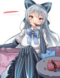Rule 34 | 1girl, absurdres, bad id, bad pixiv id, blue bow, blue bowtie, blue thighhighs, blush, bow, bowtie, box, breasts, chocolate, dress, eating, elbow gloves, food, girls&#039; frontline, gloves, hair between eyes, hair bow, hair ribbon, heart, heart-shaped box, heart-shaped food, highres, holding, holding food, long hair, looking at viewer, medium breasts, open mouth, pillow, red eyes, ribbon, sidelocks, silver hair, sitting, smile, solo, striped clothes, striped thighhighs, thighhighs, tokarev (girls&#039; frontline), tongue, tongue out, vertical-striped clothes, vertical-striped thighhighs, zengi