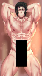 Rule 34 | 1boy, abs, armpits, arms behind head, bar censor, bara, black hair, censored, commission, completely nude, fate/grand order, fate (series), feet out of frame, firenzesaika, highres, hijikata toshizou (fate), large pectorals, male focus, messy hair, muscular, muscular male, nipples, nude, paid reward available, pectorals, pixiv commission, short hair, skeb commission, smile, solo, standing, stomach, thick thighs, thighs
