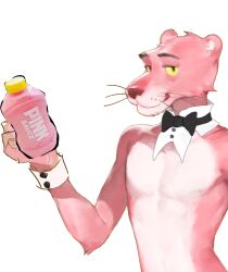 Rule 34 | 1boy, black bow, black bowtie, bottle, bow, bowtie, brown eyes, closed mouth, colored sclera, detached collar, highres, male focus, panther ears, simple background, smile, solo, the pink panther, the pink panther (character), upper body, white background, wrist cuffs, yellow sclera, yuuko (yuuko891)