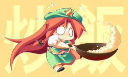Rule 34 | &gt;:3, 1girl, :3, bad id, bad pixiv id, braid, chibi, comic, cooking, female focus, food, fried rice, frying pan, hair ribbon, hat, hong meiling, long hair, o o, puffy sleeves, red hair, ribbon, rice, shirt, short sleeves, side slit, silent comic, skirt, skirt set, solo, star (symbol), sweat, touhou, uccow, v-shaped eyebrows, very long hair, vest