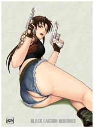 Rule 34 | 1girl, absurdres, arm support, ass, azasuke, belt, black lagoon, boots, breasts, brown eyes, brown hair, cigarette, denim, denim shorts, dual wielding, female focus, fingerless gloves, from behind, gloves, gun, highres, holding, holster, long hair, looking back, lying, on side, open mouth, revy (black lagoon), short shorts, shorts, solo, tank top, tattoo, torn clothes, weapon