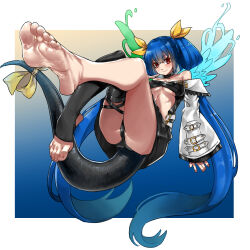 Rule 34 | 1girl, angel wings, ass, asymmetrical legwear, asymmetrical wings, bare legs, bare shoulders, barefoot, belt, black thighhighs, blue hair, border, breasts, center opening, detached sleeves, dizzy (guilty gear), eiji (eiji), feet, foot focus, foreshortening, guilty gear, guilty gear xrd, hair between eyes, hair ribbon, highres, looking at viewer, medium breasts, monster girl, mother&#039;s day, nail polish, red eyes, red nails, ribbon, simple background, soles, solo, tail, tail ornament, tail ribbon, thigh strap, thighhighs, thighs, toes, toned, underboob, white background, white border, wide sleeves, wings, yellow ribbon