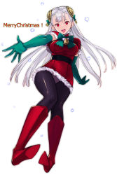 Rule 34 | 1girl, adapted costume, albino, bell, belt, black pantyhose, boots, bow, breasts, capcom, capcom fighting jam, capelet, christmas, dress, elbow gloves, gloves, green gloves, hairpods, highres, ingrid (capcom), knee boots, long hair, looking at viewer, medium breasts, merry christmas, open mouth, outstretched hand, panties, panties under pantyhose, pantyhose, pantyshot, red eyes, red footwear, santa costume, short dress, solo, standing, tetsu (kimuchi), underwear, white hair