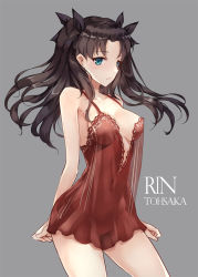 Rule 34 | 1girl, asle, bare arms, bare shoulders, black bow, blue eyes, blush, bow, breasts, breasts apart, brown hair, character name, chemise, closed mouth, collarbone, commentary request, covered navel, fate/stay night, fate (series), grey background, hair bow, long hair, looking at viewer, medium breasts, no panties, parted bangs, see-through, simple background, solo, tohsaka rin