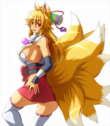 Rule 34 | 1girl, animal ears, bare shoulders, blonde hair, breasts, fang, fox ears, fox tail, highres, hip vent, izuna (shinrabanshou), long hair, looking at viewer, multiple tails, open mouth, pepo (absolute1123), red eyes, shinrabanshou, sideboob, simple background, solo, tail, thighhighs, white background, white thighhighs