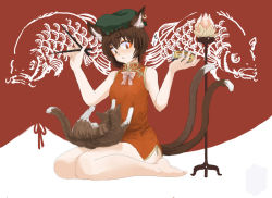 Rule 34 | 1girl, animal ears, barefoot, brown eyes, brown hair, can, cat, cat ears, cat tail, chen, china dress, chinese clothes, chopsticks, dress, earrings, eyeshadow, female focus, hat, jewelry, makeup, multiple tails, seiza, sitting, solo, tail, touhou, tsurui