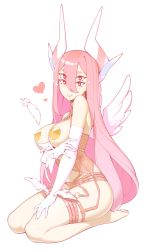 Rule 34 | 1girl, barefoot, blush, breasts, bright pupils, chi (fernybee), elbow gloves, extra eyes, feathers, full body, garter belt, gloves, hair between eyes, halphelt, heart, heart-shaped pupils, highres, horns, large breasts, long hair, looking at viewer, original, parted lips, pasties, pink hair, red eyes, seiza, simple background, sitting, smile, solo, symbol-shaped pupils, white background, white gloves, white pupils, white wings, wings