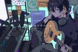 Rule 34 | 1boy, black hair, black shirt, blonde hair, chair, character name, closed mouth, computer, earrings, expressionless, feet out of frame, gaming chair, grey pants, guitar, hair between eyes, headphones, headphones around neck, highres, holding, holding instrument, holostars, instrument, jewelry, keyboard (computer), kotatsu (yatogami fuma), looking at viewer, male focus, microphone, mochizuki kei, monitor, mouse (computer), multicolored hair, official art, pants, pop filter, poster (object), shirt, short hair, sideways glance, sitting, sleeves past elbows, solo, song name, studio microphone, swivel chair, table, two-tone hair, virtual youtuber, yatogami fuma, yellow eyes