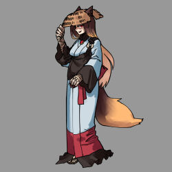 Rule 34 | 1girl, alternate costume, animal ears, bandaged hand, bandages, brown hair, claws, full body, grey background, highres, imaizumi kagerou, japanese clothes, kaibootsu, long hair, multicolored clothes, red eyes, smile, solo, tail, touhou, wolf ears, wolf girl, wolf tail
