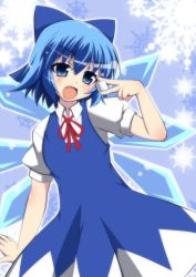Rule 34 | 1girl, :d, blue dress, blue eyes, blue hair, board game, cirno, dress, fang, holding, holding mahjong tile, ice, ice wings, looking at viewer, mahjong, mahjong tile, masiromu, matching hair/eyes, open mouth, puffy sleeves, shirt, short sleeves, smile, solo, touhou, v, wings