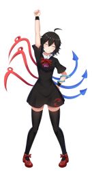 Rule 34 | 1girl, absurdres, arm up, asymmetrical wings, black dress, black hair, black thighhighs, blush, bow, clenched hand, curly hair, dress, closed eyes, facing viewer, footwear bow, frilled dress, frills, full body, grin, hair between eyes, hand on own hip, happy, highres, houjuu nue, legs, legs apart, medium hair, red footwear, shoes, simple background, skindentation, smile, snake, solo, thighhighs, thighs, touhou, white background, wings, wuwusan