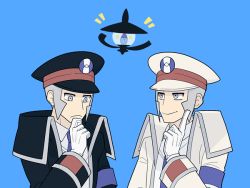 Rule 34 | 2boys, black coat, black headwear, blue background, brothers, closed mouth, coat, collared shirt, commentary request, creatures (company), emmet (pokemon), frown, game freak, gen 5 pokemon, gloves, grey eyes, grey hair, hand up, hat, high collar, index finger raised, ingo (pokemon), jaho, lampent, long sleeves, male focus, multiple boys, necktie, nintendo, peaked cap, pokemon, pokemon (creature), pokemon bw, shirt, short hair, siblings, sideburns, simple background, smile, white coat, white gloves, white headwear, white shirt