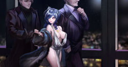 Rule 34 | 1girl, absurdres, azur lane, backless dress, backless outfit, bare shoulders, blue hair, bracelet, breasts, cha neung, cityscape, cleavage, coat, collared shirt, dress, earrings, evening gown, formal, fur coat, grey dress, hair ornament, hairclip, halter dress, halterneck, highres, jewelry, large breasts, looking to the side, necklace, necktie, unworn necktie, night, night sky, off shoulder, plunging neckline, purple eyes, revealing clothes, shirt, sidelocks, silver dress, sky, smile, st. louis (azur lane), st. louis (luxurious wheels) (azur lane), suit, thighs, walking, white shirt