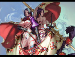 Rule 34 | 2girls, arrow (projectile), back, bar censor, bikini, bow (weapon), breasts, censored, edenfox, fate/grand order, fate (series), female pubic hair, gauntlets, highres, holding, holding weapon, large breasts, long hair, looking at viewer, minamoto no raikou (fate), minamoto no raikou (fate/grand order), minamoto no raikou (swimsuit lancer) (fate), multiple girls, nipples, pubic hair, purple eyes, purple hair, pussy, pussy juice, sweat, swimsuit, thighs, very long hair, weapon