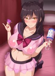 Rule 34 | 1girl, animal ear fluff, animal ears, atago (azur lane), azur lane, bed, black hair, black sailor collar, black thighhighs, blush, breasts, brown eyes, cleavage, closed mouth, collarbone, condom, condom wrapper, crop top, extra ears, eyeliner, eyeshadow, holding, holding condom, hot melon, indoors, inverted nipples, jewelry, large areolae, large breasts, long hair, looking at viewer, makeup, microskirt, mole, mole under eye, nail polish, navel, pillow, pleated skirt, rattle, red nails, red neckwear, ring, sabotaged condom, sailor collar, school uniform, see-through, serafuku, shiny skin, skirt, smile, solo, swept bangs, thighhighs, very long hair, wedding band