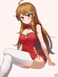 Rule 34 | 1girl, ahoge, bare arms, bare shoulders, blue eyes, bow, breasts, brown hair, china dress, chinese clothes, cleavage, cleavage cutout, clothing cutout, crossed legs, dress, gold trim, grin, hair bow, highres, idolmaster, idolmaster million live!, idolmaster million live! theater days, invisible chair, large breasts, long hair, looking at viewer, myeolchi, pelvic curtain, red dress, short dress, side-tie peek, sidelocks, simple background, sitting, sleeveless, sleeveless dress, smile, solo, thighhighs, thighs, tokoro megumi, white background, white thighhighs