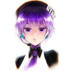 Rule 34 | 1girl, beret, black sleeves, chromatic aberration, collared shirt, commentary request, copyright name, cropped shoulders, expressionless, hat, headphones, highres, looking at viewer, mezazzz, microphone, necktie, parted lips, purple eyes, purple hair, purple necktie, shirt, short hair, simple background, solo, straight-on, utane uta, utau, vest, white background, white vest