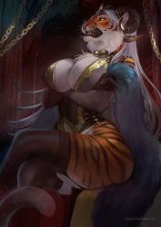 Rule 34 | 1girl, animal ear fluff, animal ears, animal nose, bell, black garter straps, black horns, black lips, black thighhighs, body fur, breasts, cleavage, colored sclera, commentary, commission, crossed arms, crossed legs, curled horns, english commentary, fangs, feather boa, fingernails, furry, furry female, garter straps, grey hair, highres, horn ornament, horn ring, horns, huge breasts, jewelry, jingle bell, julia the dragon cat, long hair, looking at viewer, multicolored fur, multiple rings, nail polish, navel, neck bell, nose piercing, nose ring, original, piercing, red nails, ring, sharp fingernails, sharp teeth, slit pupils, snout, solo, tail, teeth, thighhighs, tiger ears, tiger girl, tiger stripes, tiger tail, underbust, wedding ring, yellow sclera