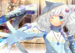 Rule 34 | 1girl, ;), animal ears, warrior of light (ff14), blue eyes, blurry, blurry background, blush, breasts, cat ears, cat girl, cat tail, closed mouth, commentary request, depth of field, facial mark, fictional persona, final fantasy, final fantasy xiv, flower, gloves, grey hair, hair flower, hair ornament, jacket, jewelry, kou hiyoyo, looking at viewer, miqo&#039;te, one eye closed, original, outstretched arm, pendant, red flower, sage (final fantasy), small breasts, smile, solo, tail, twintails, upper body, v-shaped eyebrows, whisker markings, white gloves, white jacket
