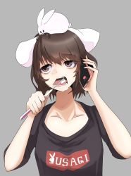 Rule 34 | 1girl, absurdres, alternate costume, animal, animal ears, animal on head, black shirt, breasts, brown eyes, brown hair, brushing teeth, cellphone, clothes writing, commentary request, contemporary, floppy ears, grey background, highres, holding, holding toothbrush, inaba tewi, looking to the side, on head, phone, puffy short sleeves, puffy sleeves, rabbit, rabbit ears, rabbit on head, shirt, short hair, short sleeves, simple background, small breasts, smartphone, solo, t-shirt, toothbrush, touhou, upper body, yagoro kusuriya
