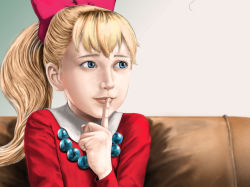 Rule 34 | 1970s (style), 1girl, blonde hair, blue eyes, chargeman ken!, child, couch, dress, finger to mouth, hair ribbon, izumi caron, jewelry, knack, necklace, retro artstyle, ponytail, realistic, retro artstyle, ribbon, solo, zeze