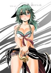 Rule 34 | 10s, 1girl, :&lt;, alternate costume, blush, breasts, breasts squeezed together, cleavage, commentary request, eyepatch, green eyes, green hair, hat, highres, kantai collection, kiso (kancolle), kiso kai ni (kancolle), long hair, medium breasts, neckerchief, sailor bikini, sailor collar, sarong, sogabe toshinori, solo, sword, translation request, twitter username, weapon
