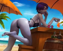 Rule 34 | 1girl, against table, alcohol, arm support, ass, bare arms, bare legs, bare shoulders, barefoot, beach, bent over, bikini, black-framed eyewear, black bikini, black nails, bottle, breasts, closed mouth, colored skin, cup, dc comics, evulchibi, eyeshadow, unworn eyewear, feet, fingernails, forehead jewel, from side, grey nails, grey skin, head rest, highres, holding, holding cup, horizon, lipstick, looking at viewer, looking to the side, makeup, mascara, medium breasts, nail polish, non-web source, ocean, outdoors, palm tree, parasol, pink-tinted eyewear, pink eyes, purple hair, purple lips, raven (dc), round eyewear, seductive smile, short hair, signature, smile, solo, stool, sunglasses, swimsuit, teen titans, tinted eyewear, toenail polish, toenails, tree, umbrella, whiskey