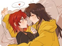 Rule 34 | 2girls, ange katrina, animal ears, black shirt, blue eyes, brown hair, chinese commentary, closed eyes, closed mouth, commentary request, cuddling, dog ears, heart, highres, hood, hoodie, inui toko, lingyi, long sleeves, multiple girls, nijisanji, on bed, parted lips, pillow, red hair, shirt, sleeping, spoken heart, virtual youtuber, yellow hoodie, yuri