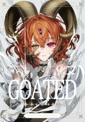 Rule 34 | 1girl, claws, commentary request, cover, crying, crying with eyes open, dark young (fate), english text, facing viewer, fate/grand order, fate (series), fujimaru ritsuka (female), galibo, goat girl, goat horns, hair between eyes, heterochromia, horns, orange hair, parted lips, pink eyes, scroted, short hair, solo, tears, upper body, yellow eyes