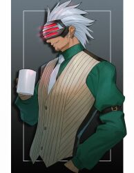 Rule 34 | 1boy, ace attorney, arm belt, coffee mug, cropped torso, cup, earrings, facial hair, formal, godot (ace attorney), grey background, highres, holding, holding cup, jewelry, long sleeves, male focus, mug, necktie, phoenix wright: ace attorney - trials and tribulations, ren you (iiinununu), simple background, smile, stubble, vest, white hair, white necktie