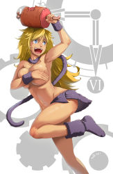 Rule 34 | 1990s (style), 1girl, armpits, ayla (chrono trigger), bad deviantart id, bad id, bankage, blonde hair, blue eyes, boned meat, boots, breasts, chrono (series), chrono trigger, covering breasts, covering privates, food, fur trim, highres, large breasts, loincloth, long hair, meat, navel, no panties, open mouth, retro artstyle, scarf, solo, square enix, topless, wristband