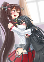 Rule 34 | 10s, 2girls, anchor, between breasts, black hair, blush, breast press, breasts, brown hair, commentary request, curtains, flower, hair flower, hair ornament, hatsushimo (kancolle), head between breasts, highres, hip vent, hug, kantai collection, long hair, multiple girls, one eye closed, open mouth, ponytail, red eyes, very long hair, window, yamato (kancolle), yuri, zaki (2872849)
