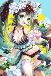 Rule 34 | 1girl, ahoge, aqua eyes, aqua hair, bad id, bad pixiv id, bikini, breasts, cherrypin, chocolate, cleavage, food, hatsune miku, highres, leaning forward, long hair, looking at viewer, macaron, medium breasts, mint, nail polish, open mouth, solo, sprinkles, swimsuit, twintails, very long hair, vocaloid